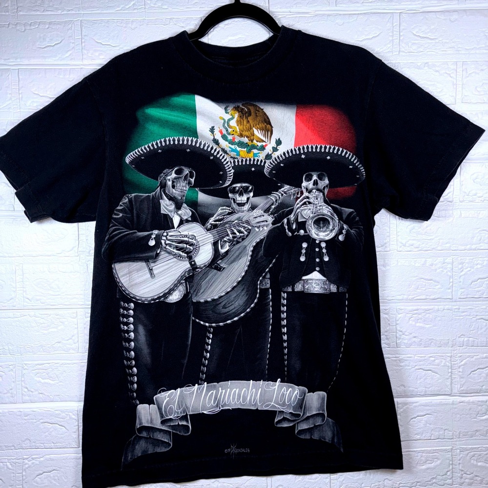 DGA El Mariachi Loco Graphic Tee Mens Medium Black Skeleton Mexican Flag T-Shirt